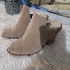 Chinese Laundry Tan Suede Mules with Studded Trim